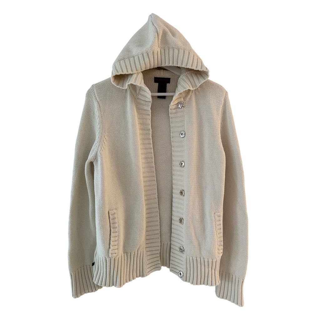 Ralph Lauren Women M Cream Cotton‎ Shaker Knit Hooded Cardigan Sweater Y2K vtg